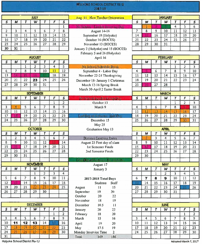 2017 - 2018 School Calendar Approved