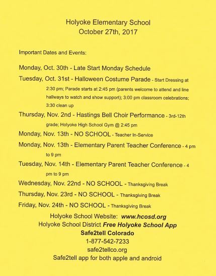 October Newsletter Holyoke Elementary 2017